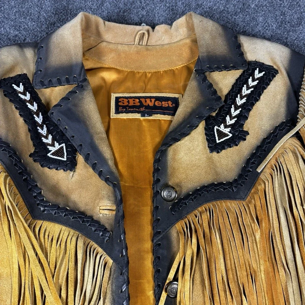 3B West Leather Fringe Jacket Womens L Tan Black Indian Eagle Western NWT - Picture 5 of 9